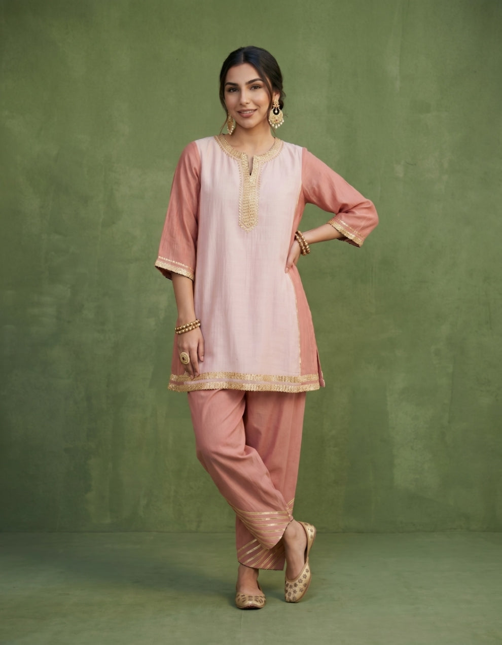 Peach Pink Chanderi Kurta Set- Set of 2
