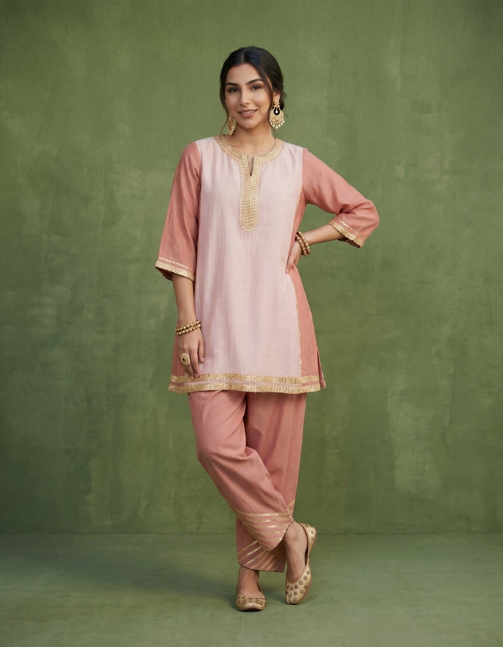 Peach Pink Chanderi Kurta Set- Set of 2