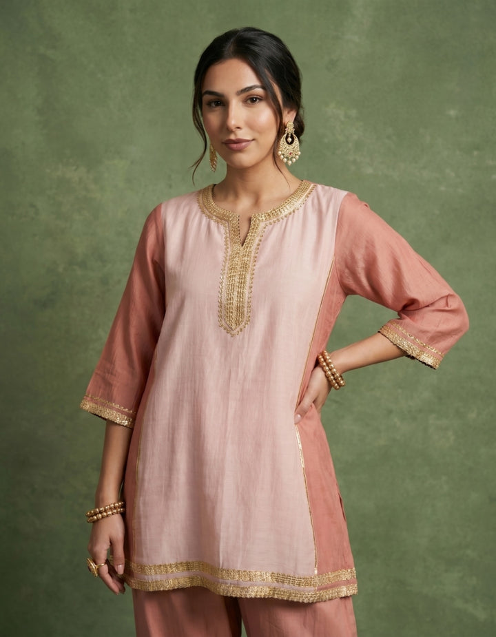 Peach Pink Chanderi Kurta Set- Set of 2