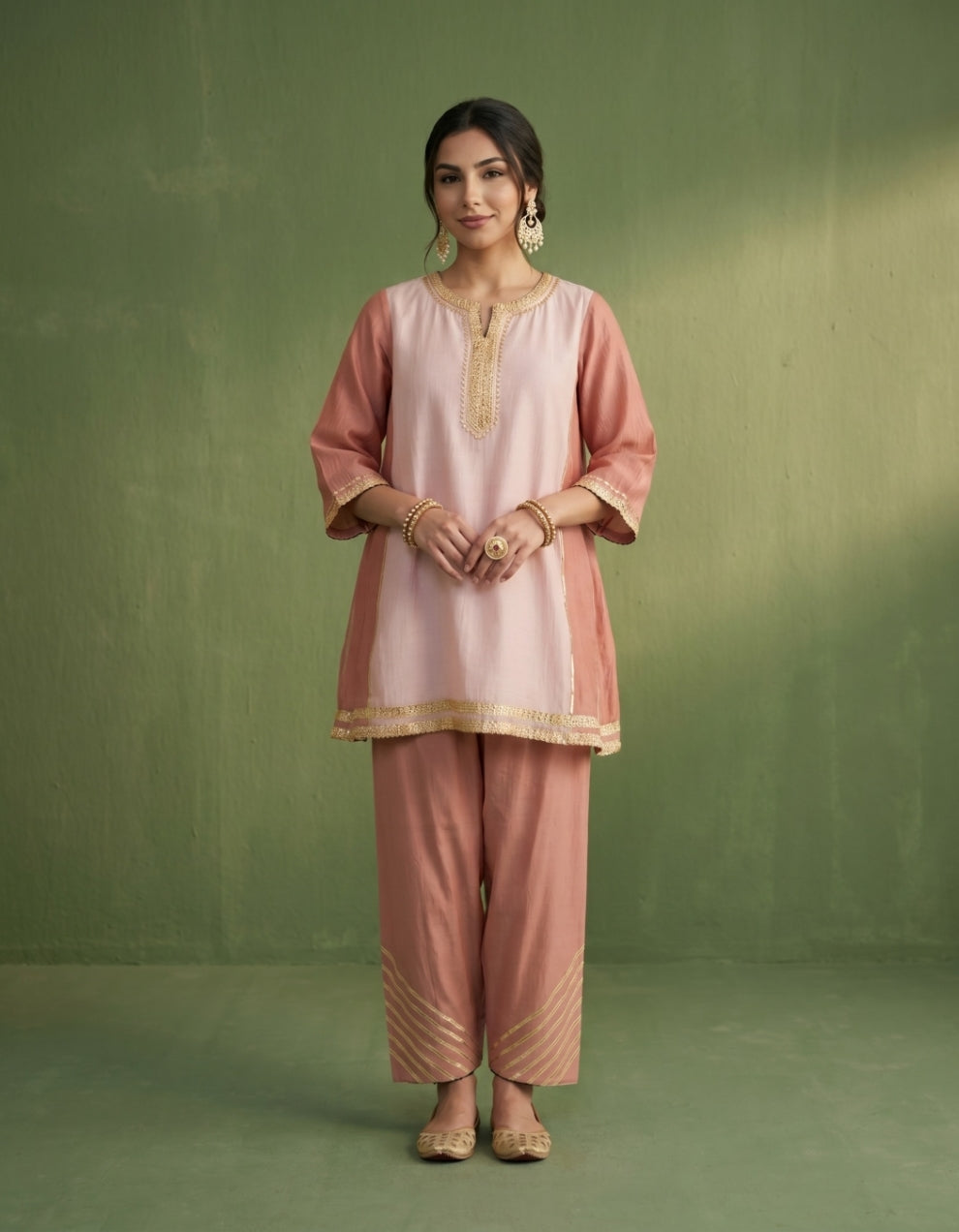 Peach Pink Chanderi Kurta Set- Set of 2