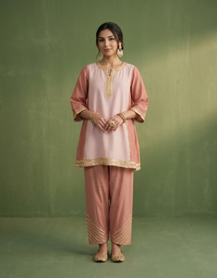 Peach Pink Chanderi Kurta Set- Set of 2