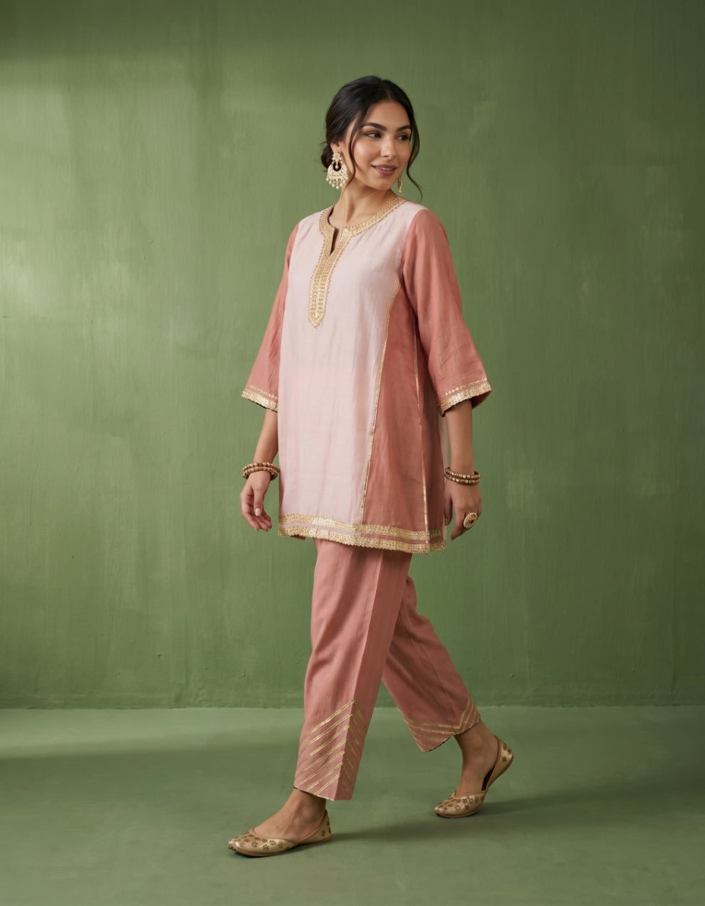 Peach Pink Chanderi Kurta Set- Set of 2
