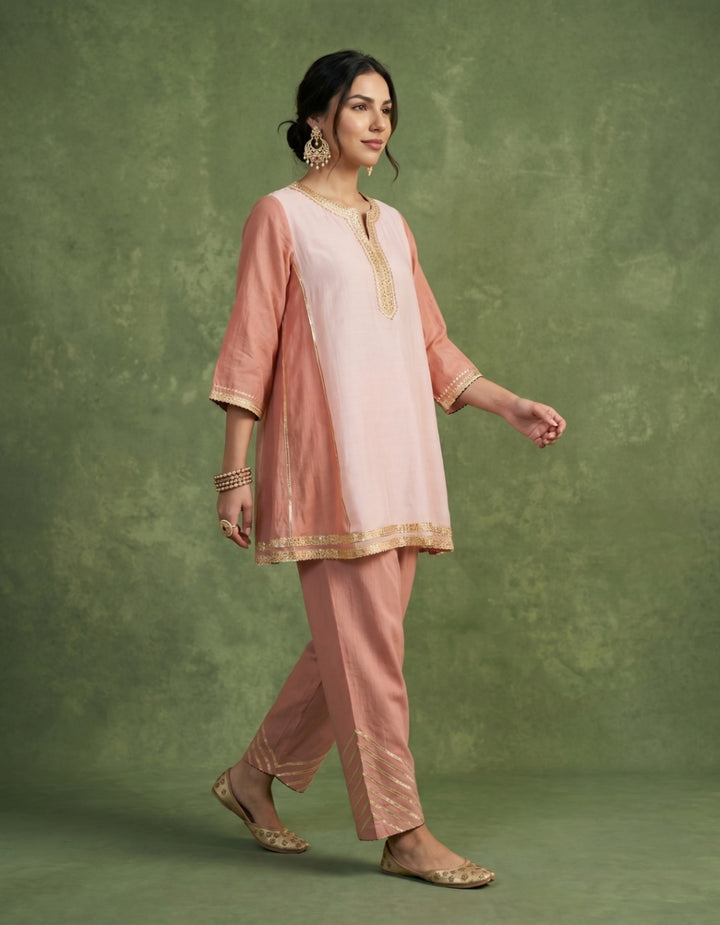 Peach Pink Chanderi Kurta Set- Set of 2
