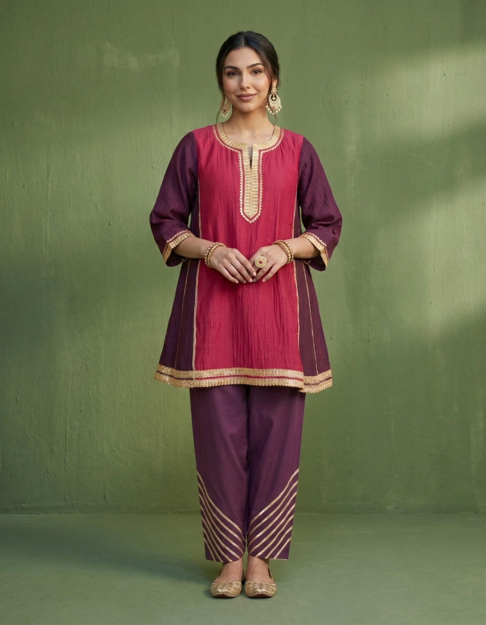 Purple Magenta Chanderi Kurta Set- Set of 2