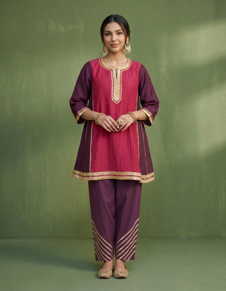 Purple Magenta Chanderi Kurta Set- Set of 2