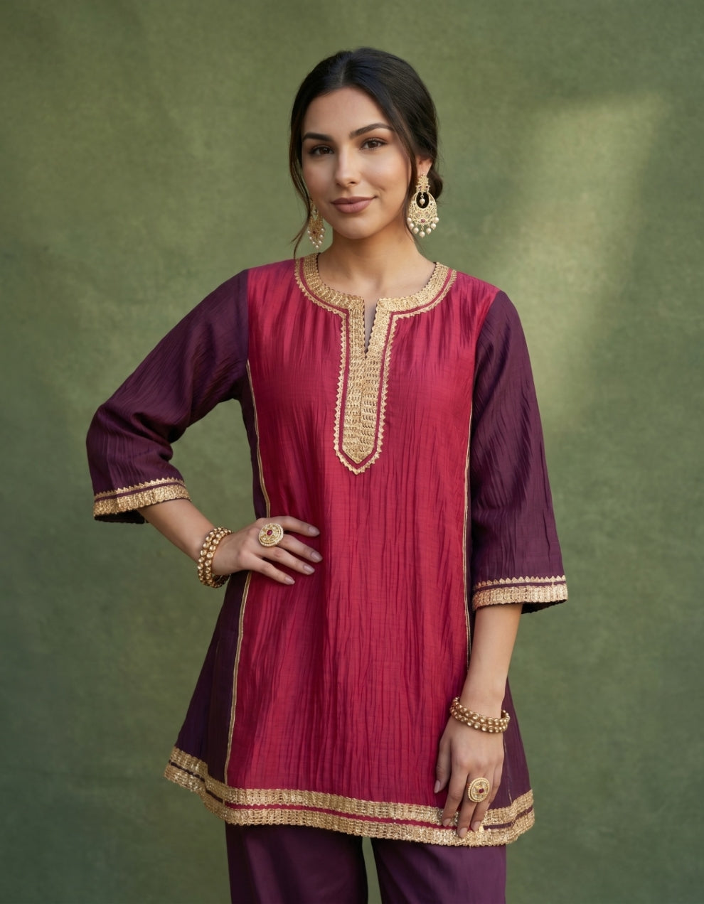 Purple Magenta Chanderi Kurta Set- Set of 2