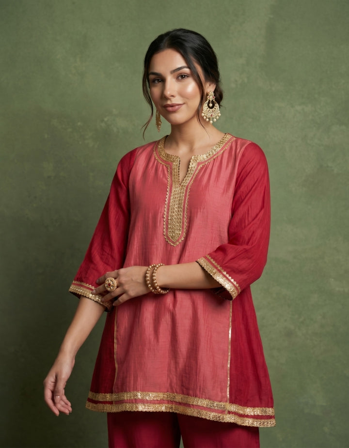 Red Pink Chanderi Kurta Set- Set of 2