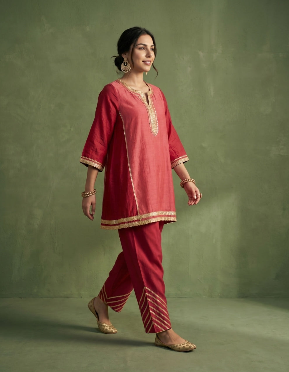 Red Pink Chanderi Kurta Set- Set of 2