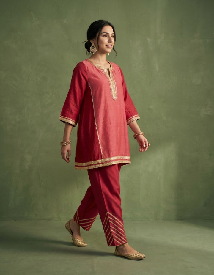 Red Pink Chanderi Kurta Set- Set of 2