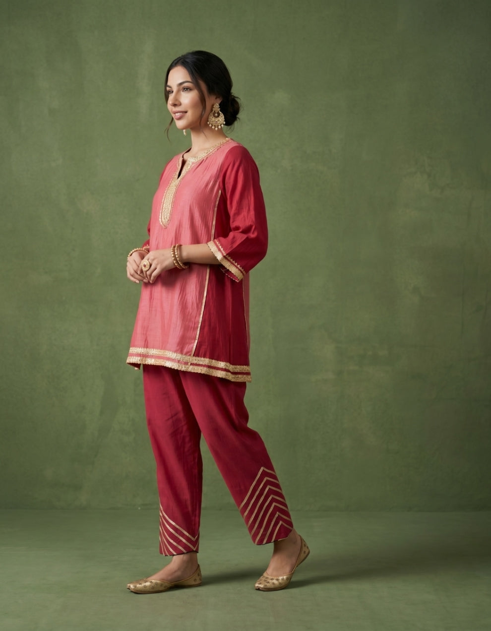Red Pink Chanderi Kurta Set- Set of 2
