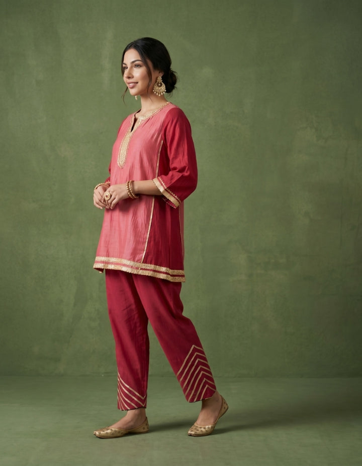Red Pink Chanderi Kurta Set- Set of 2
