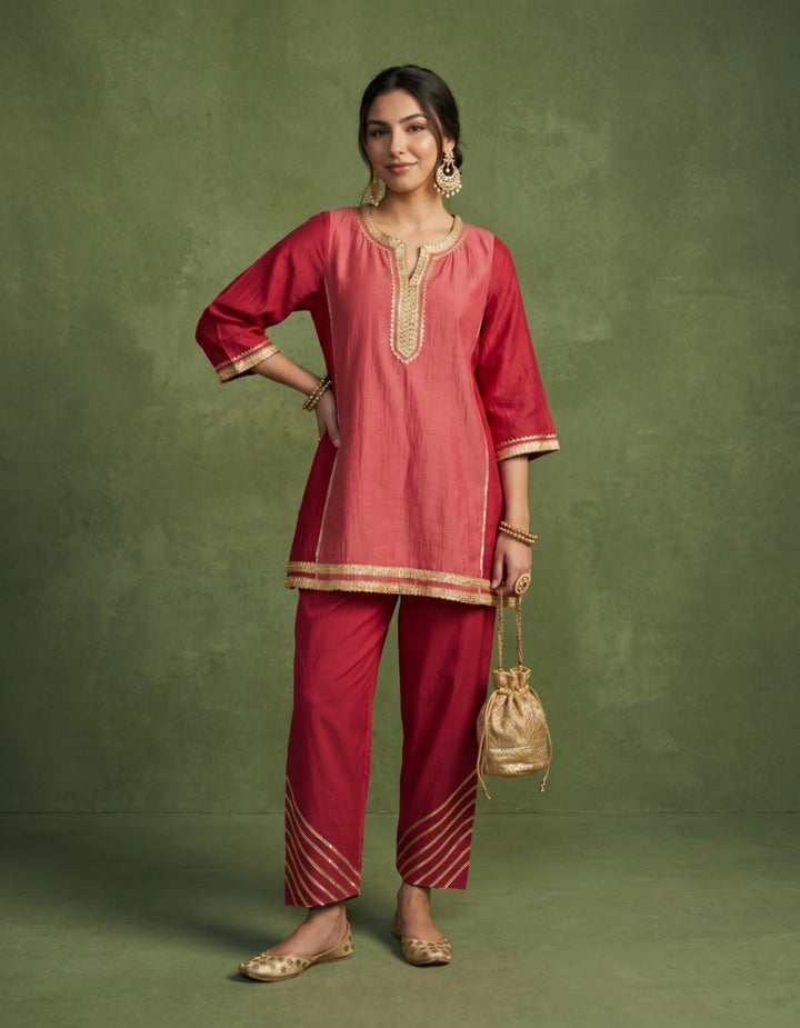 Red Pink Chanderi Kurta Set- Set of 2