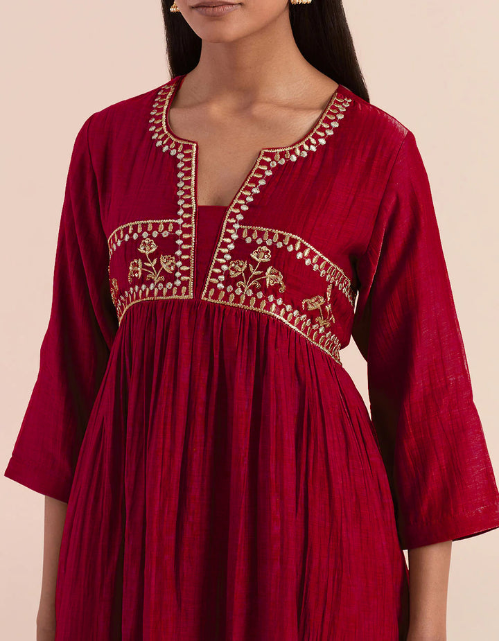 Red embroidered soft chanderi kurta