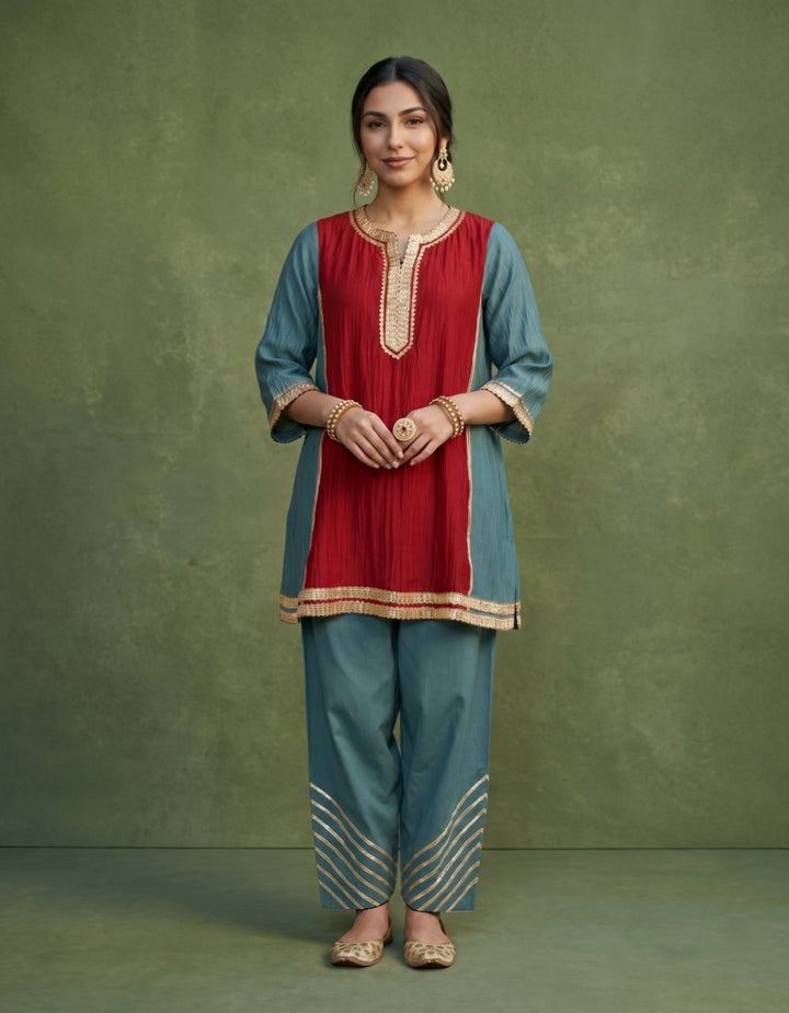 Teal Red Chanderi Kurta Set- Set of 2