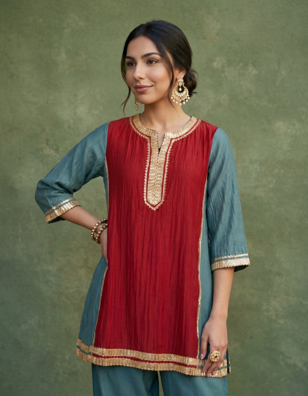 Teal Red Chanderi Kurta Set- Set of 2
