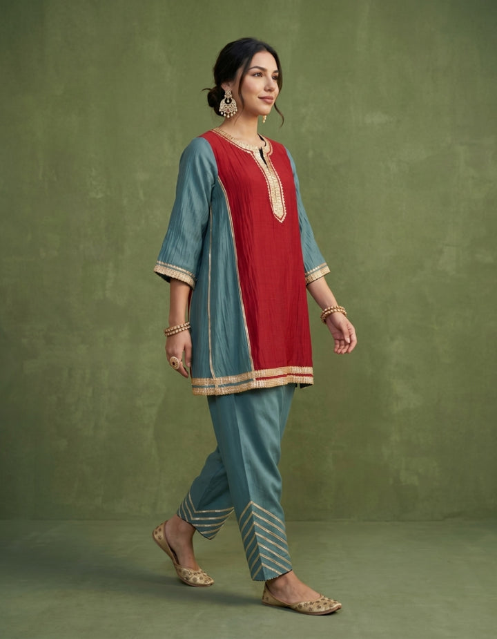 Teal Red Chanderi Kurta Set- Set of 2