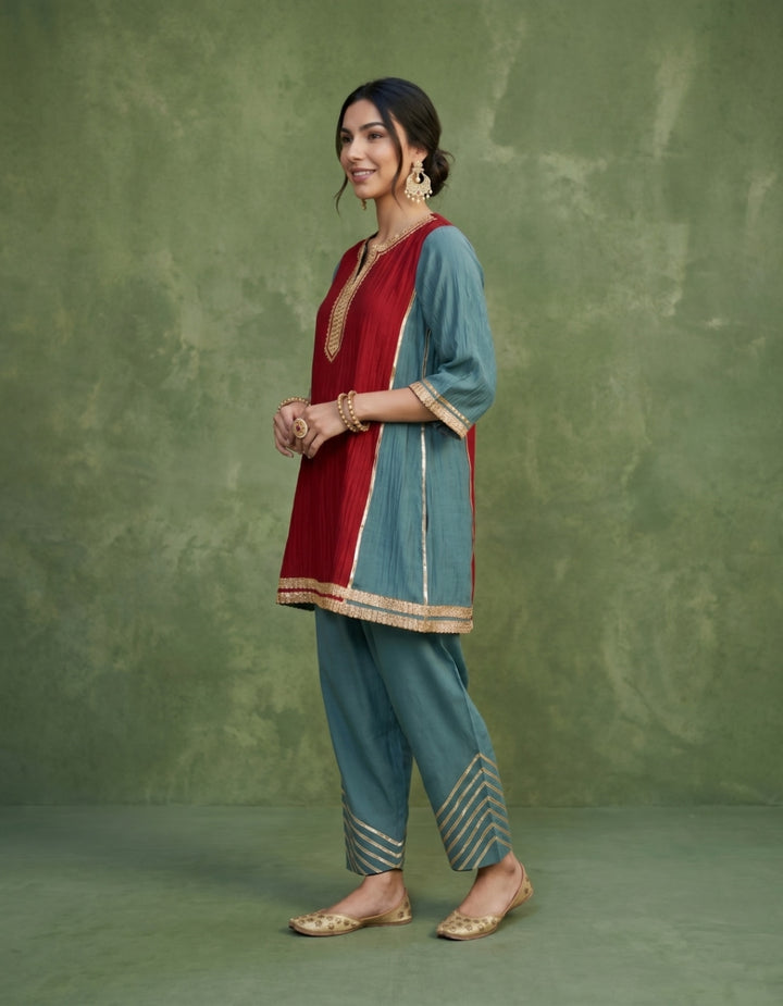 Teal Red Chanderi Kurta Set- Set of 2