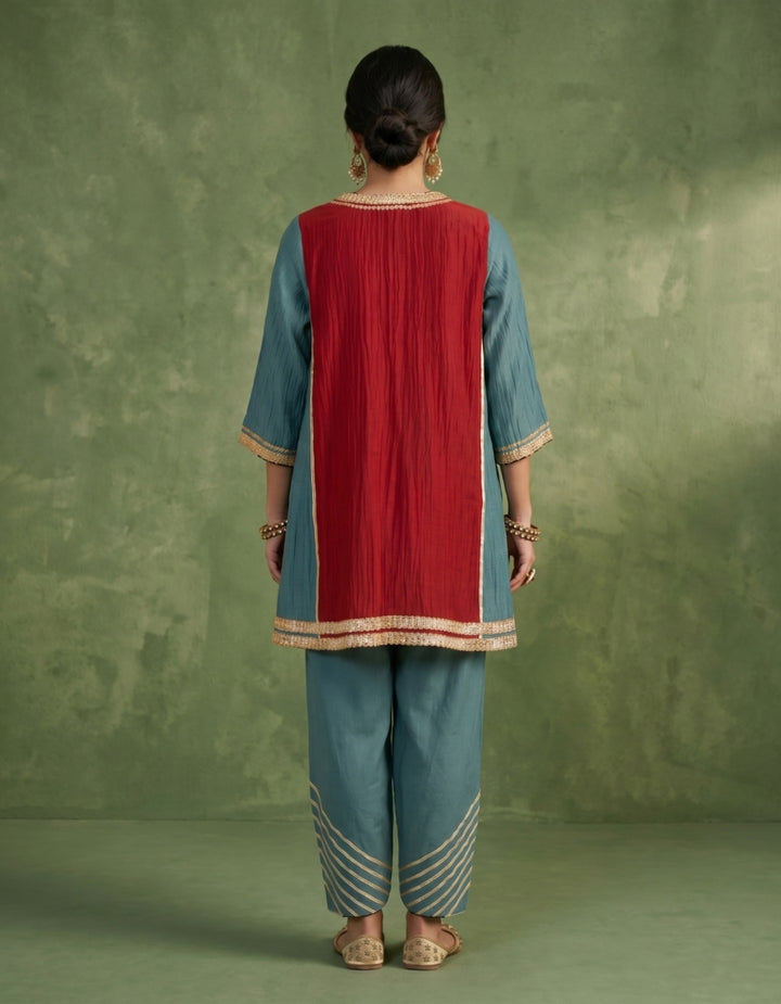 Teal Red Chanderi Kurta Set- Set of 2