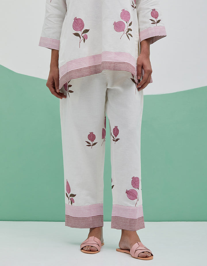 White-Pink linen kurta with pant - Set of 2