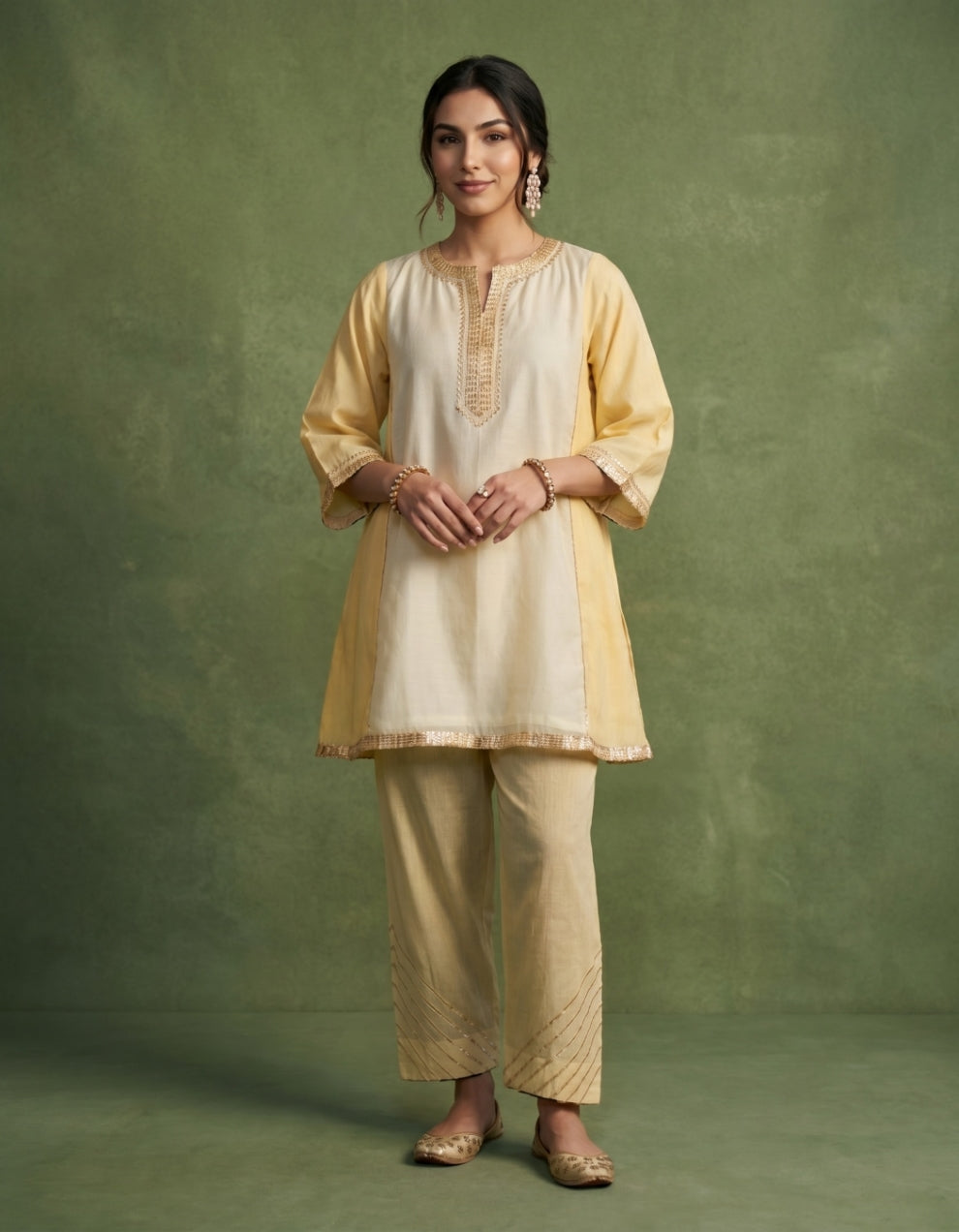Yellow Beige Chanderi Kurta Set- Set of 2