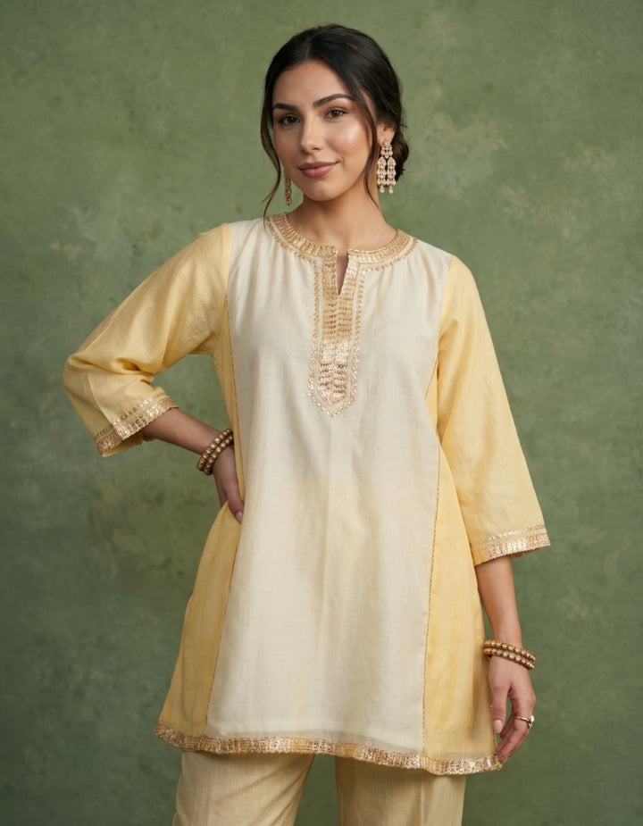 Yellow Beige Chanderi Kurta Set- Set of 2