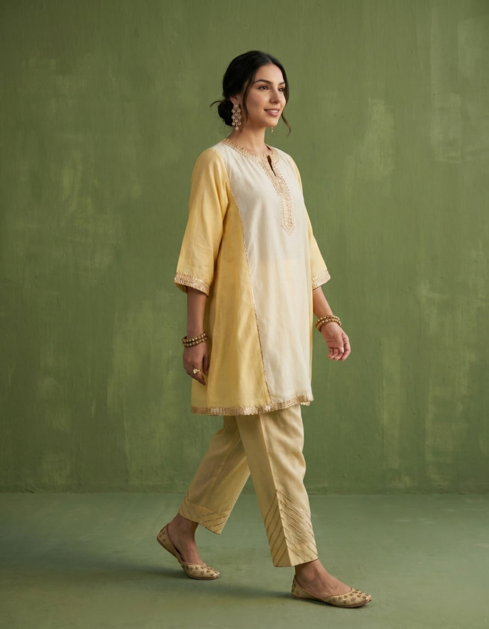 Yellow Beige Chanderi Kurta Set- Set of 2