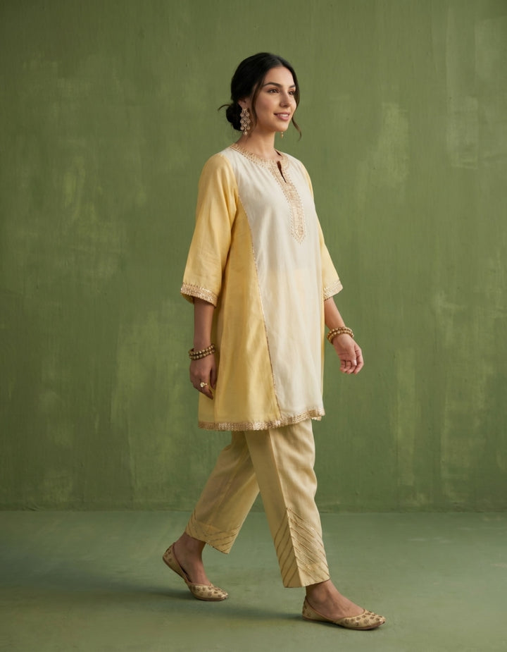 Yellow Beige Chanderi Kurta Set- Set of 2