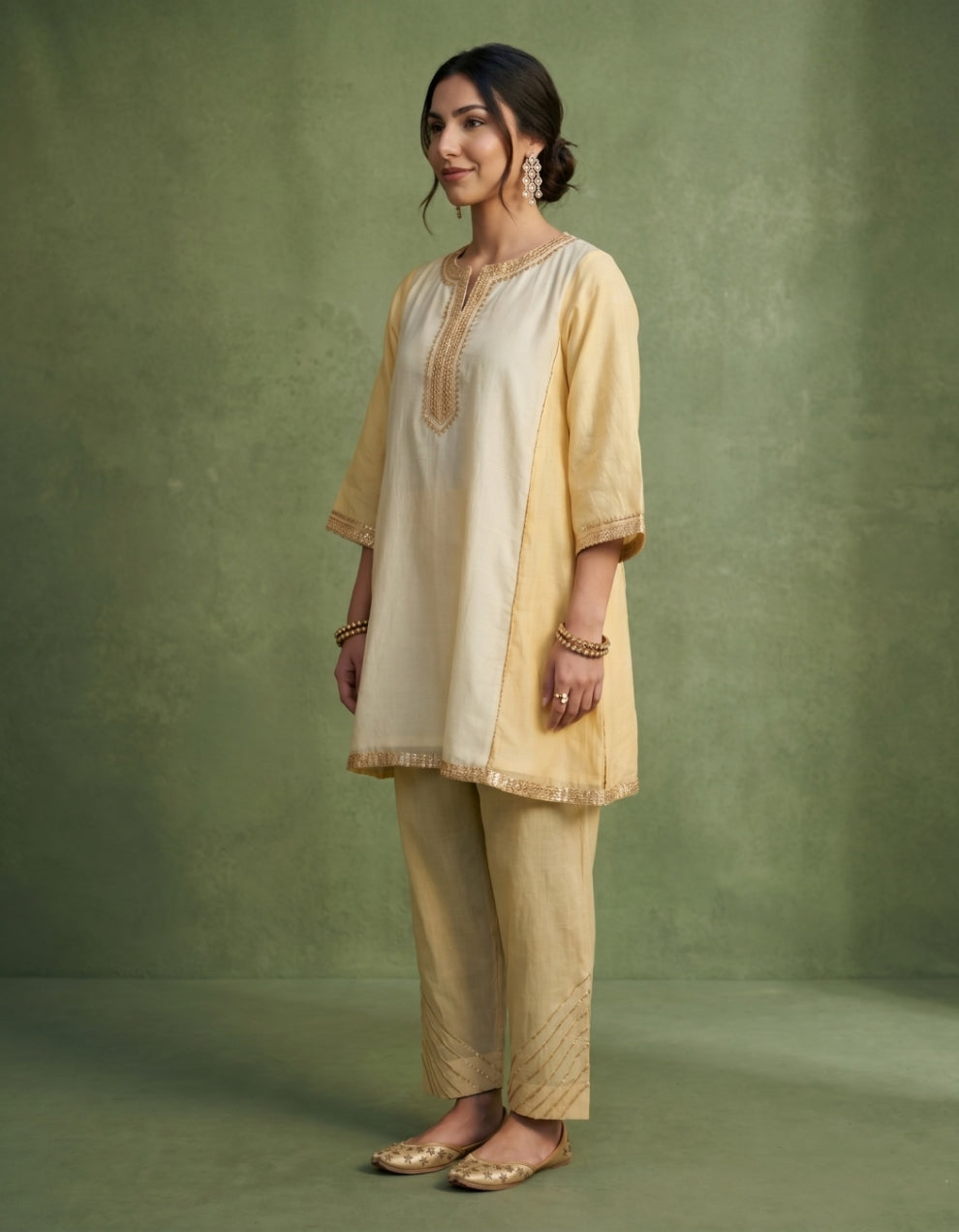 Yellow Beige Chanderi Kurta Set- Set of 2