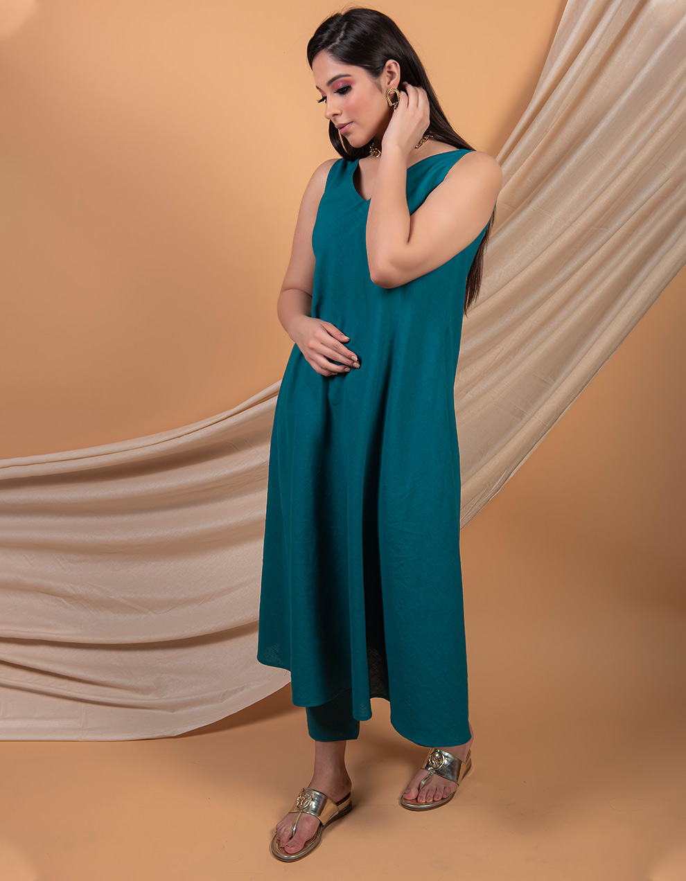 Best-teal-blue-cotton-linen-dress-with-pants-designs-at-the-cheap-prices-3