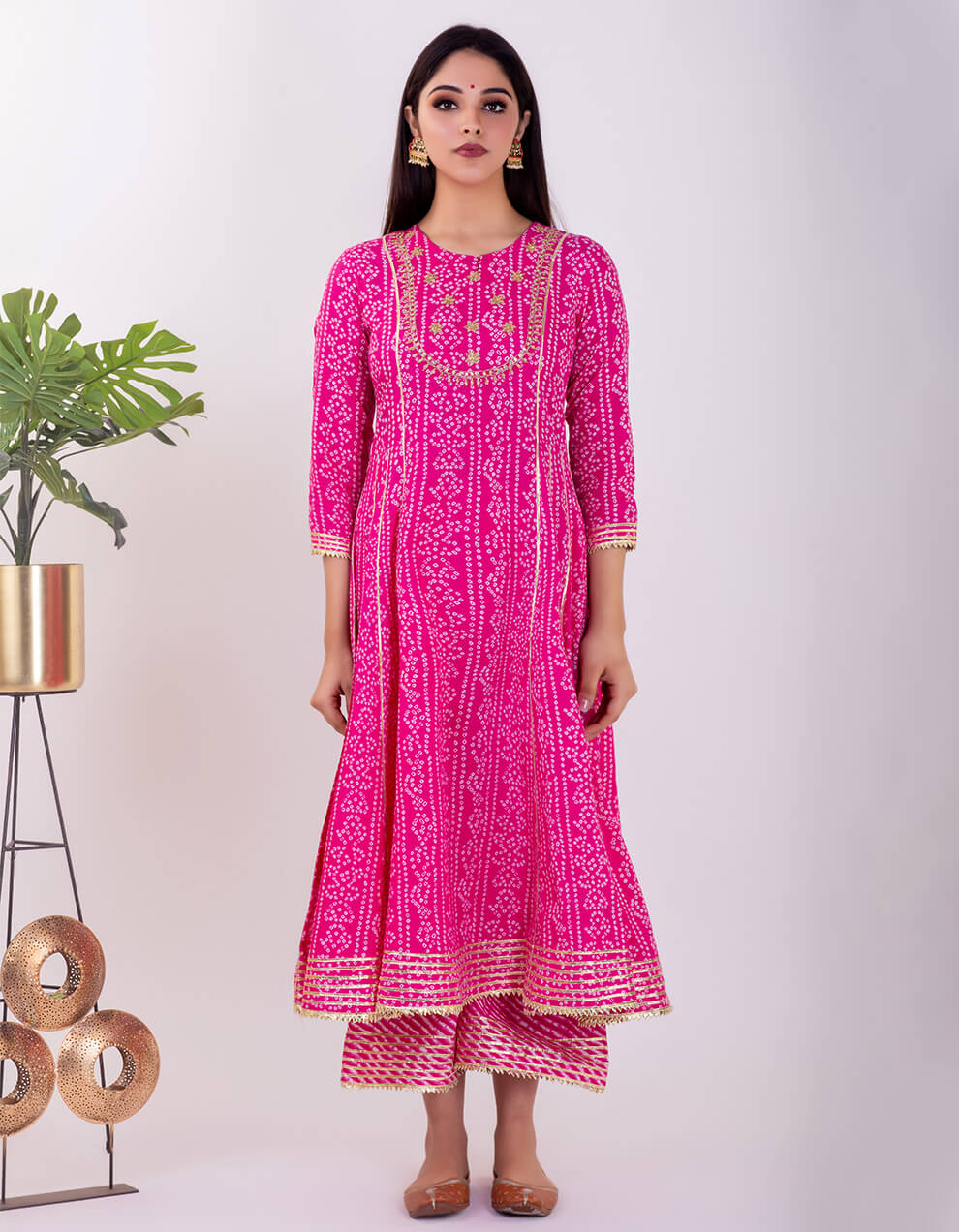 Find-best-quality-Pink-bandhani-cotton-Anarkali-kurta-designers-in-India-1