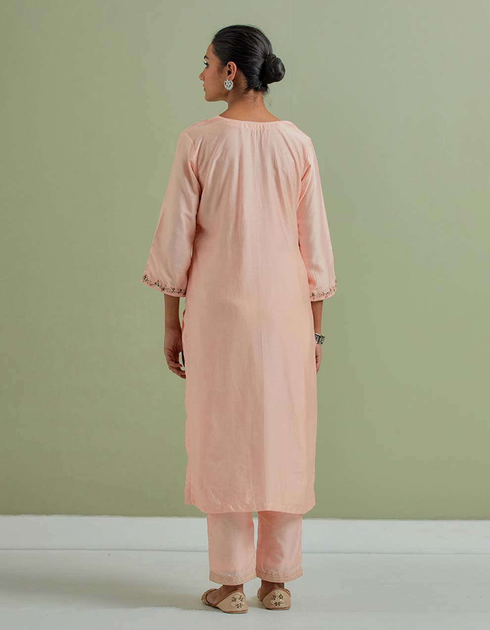 Peach Embroidered Chanderi Silk Kurta with Pants - Set of 2-1