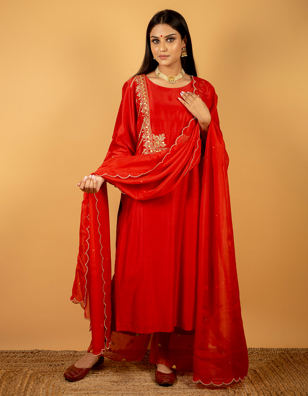 Latest-Red-chanderi-silk-kurta-with-silk-pants-designs-for-ladies-and-get-best-offers