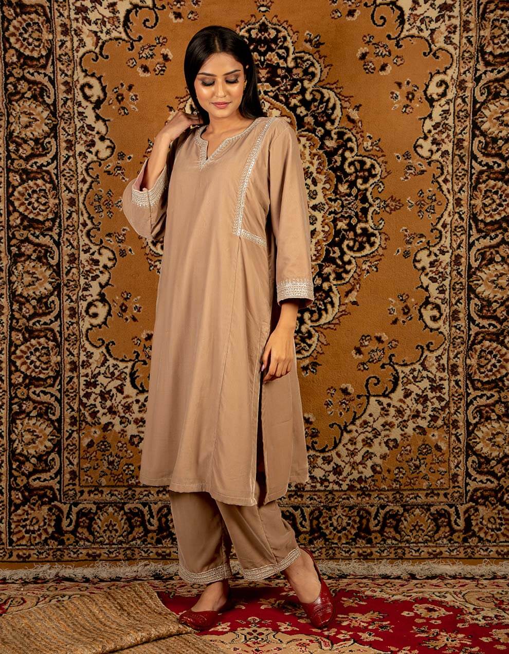 Light brown silk velvet kurta with pants
