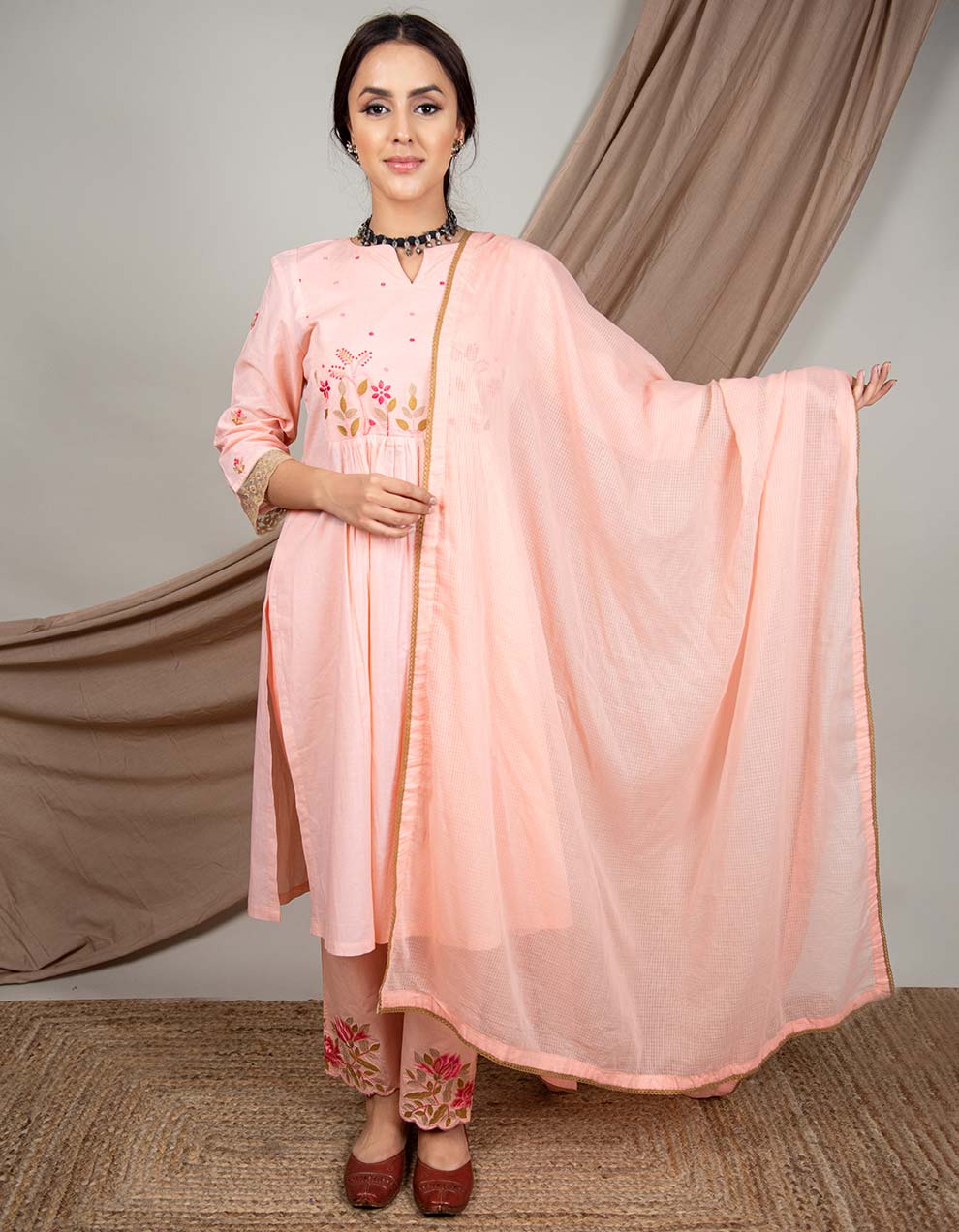 Buy-the-best-Peach-hand-embroidery-kurta-with-pants-and-dupatta-Set-of-3-for-women-in-India
