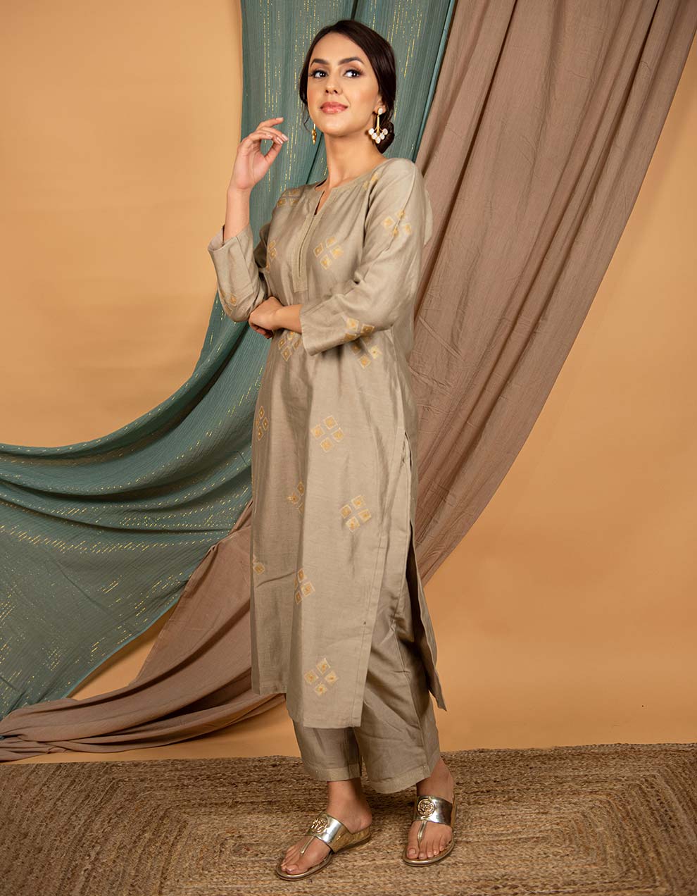 Buy-the-best-Grey-embroidered-chanderi-silk-kurta-with-pants-dresses-for-women-in-India