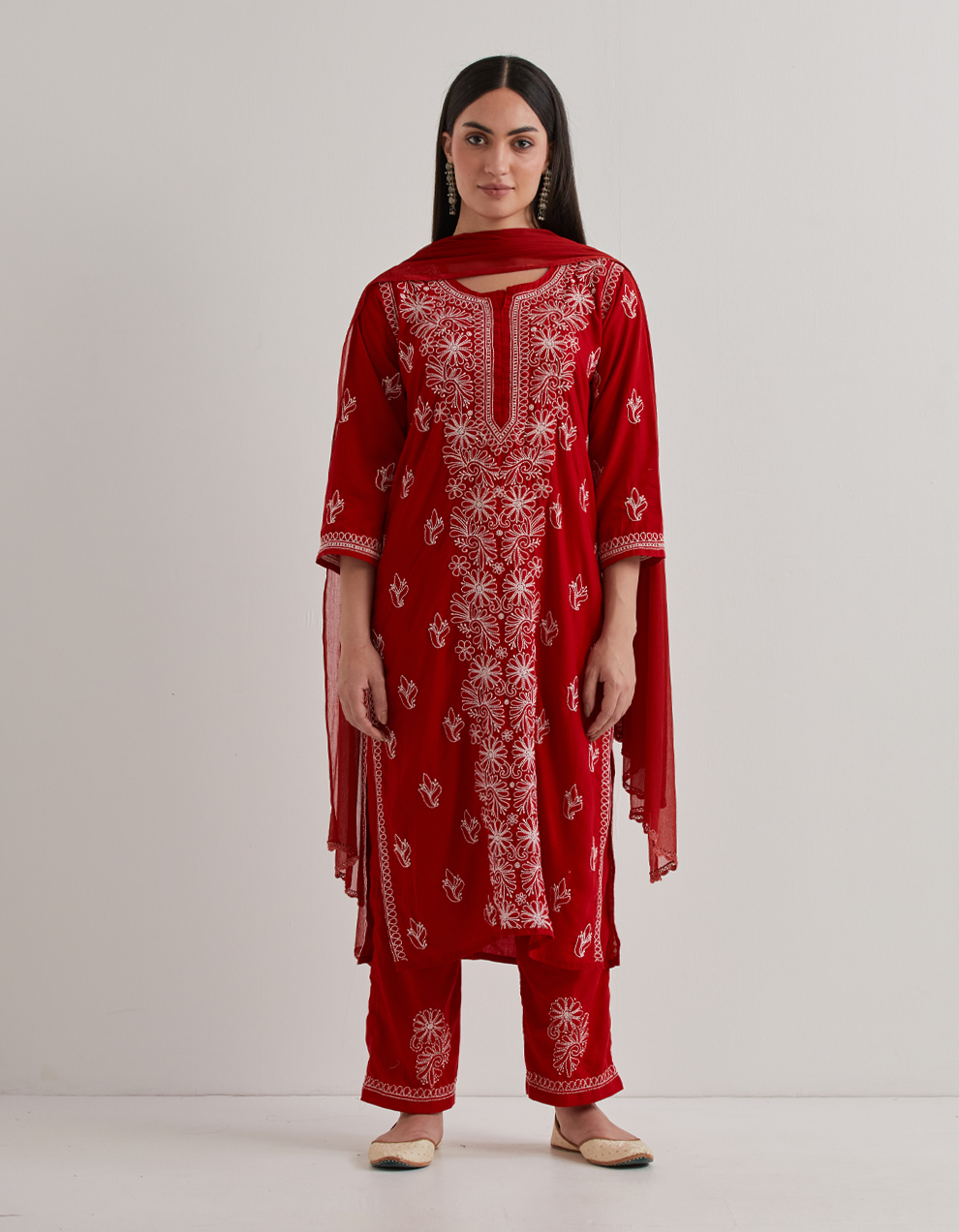 red-chikankari-cotton-kurta-with-pants-and-dupatta-set-of-3