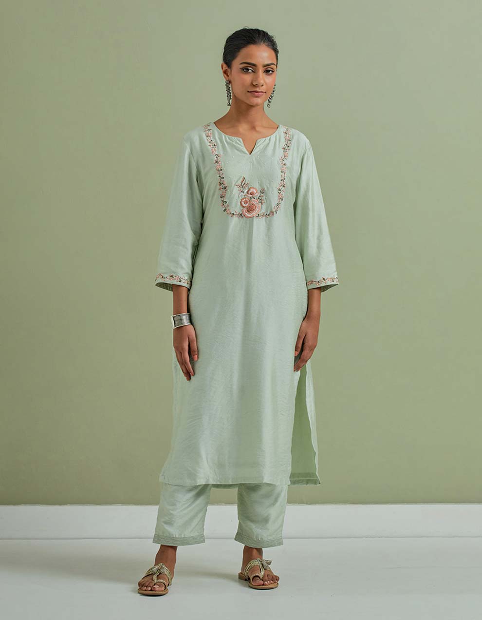 Green Embroidered Chanderi Silk Kurta with Pants -  Set of 2