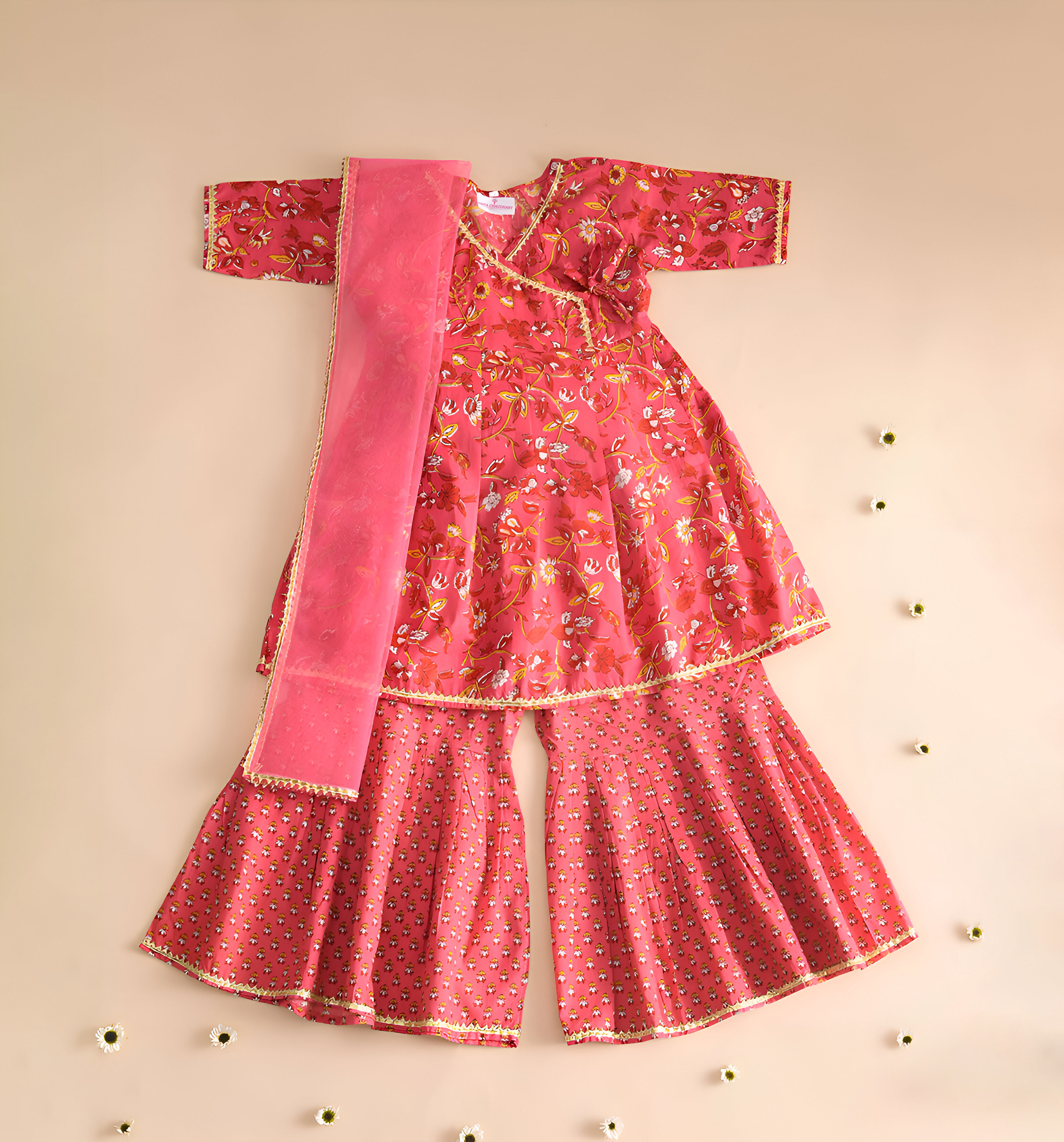 Pink printed cotton kurta with garara and  dupatta- Set of 3